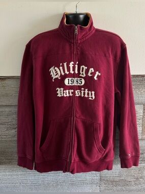 Vintage Tommy Hilfiger Varsity 1985 Full Zip Sweatshirt Burgundy XL Y2K (H1)